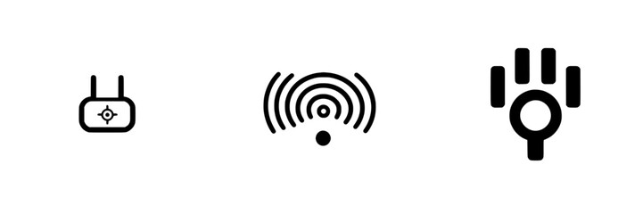 Technology icons representing connectivity, navigation, and control symbols in minimalist design