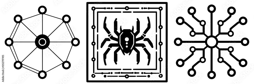 Poster design elements featuring geometric patterns and a spider illustration reflecting technology and nat