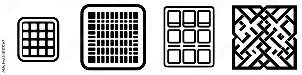 Poster Unique designs featuring interconnected patterns in black and white with various shapes and forms