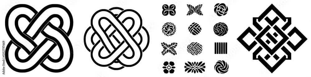 Poster exploring intricate designs of the endless knot in various styles and patterns located in a contempo