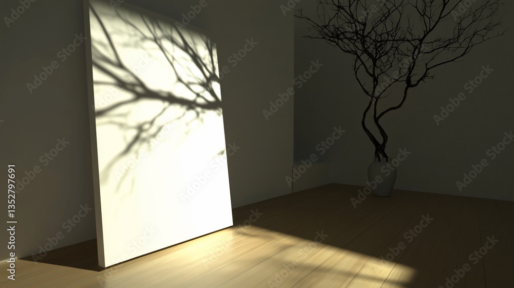 Poster sunlight casts tree shadow on canvas in minimalist room