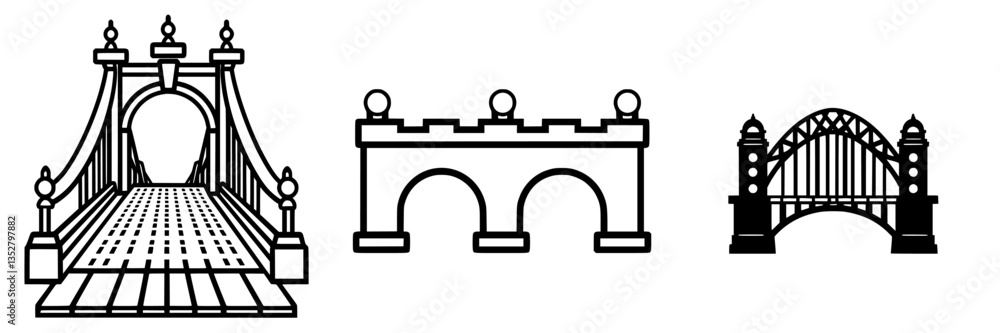 Poster various bridge designs showcasing architectural styles and structural elements in a minimalist, arti