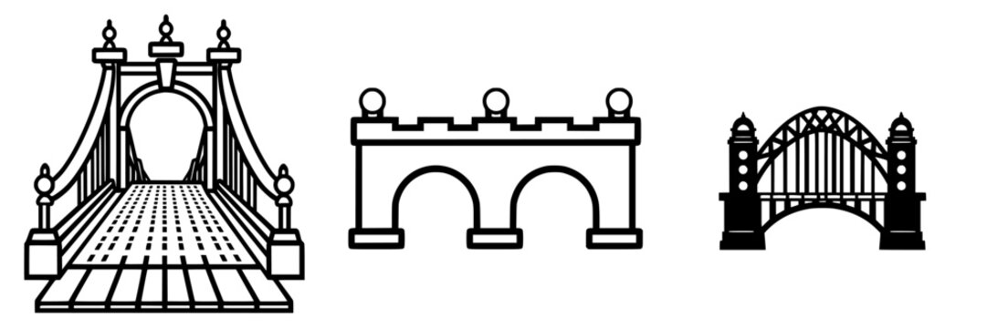 Various bridge designs showcasing architectural styles and structural elements in a minimalist, artistic representation