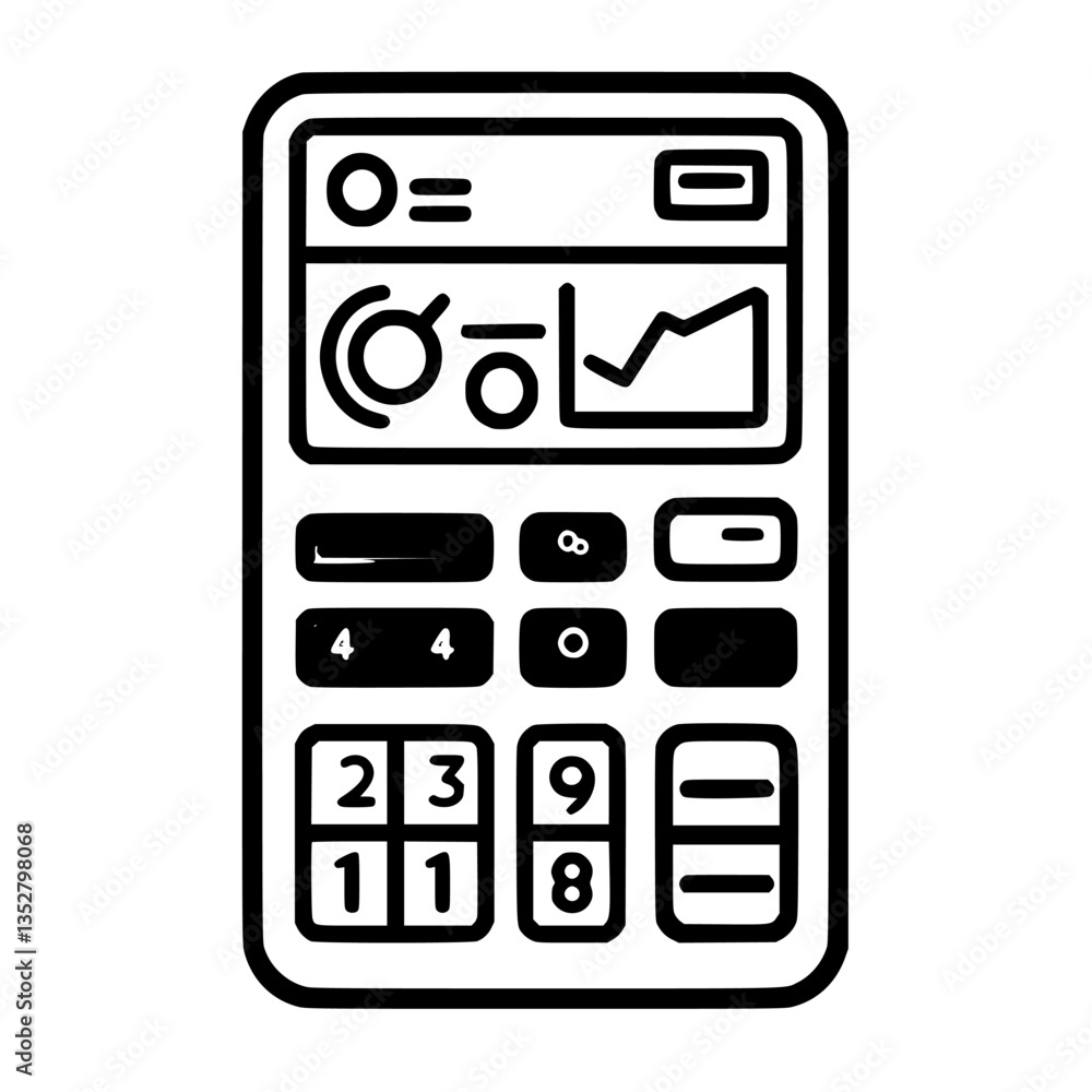 Poster digital calculator displaying charts and data trends with buttons ready for calculations in a simple