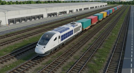 Fototapeta premium Efficient Freight Train Transportation: Solar Powered Logistics - Modern solar-powered freight train efficiently transports goods via rail, symbolizing sustainable supply chain, green logistics