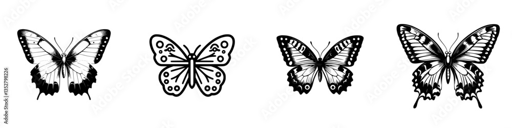 Poster detailed illustrations of butterflies showcasing their unique patterns and forms in black and white 