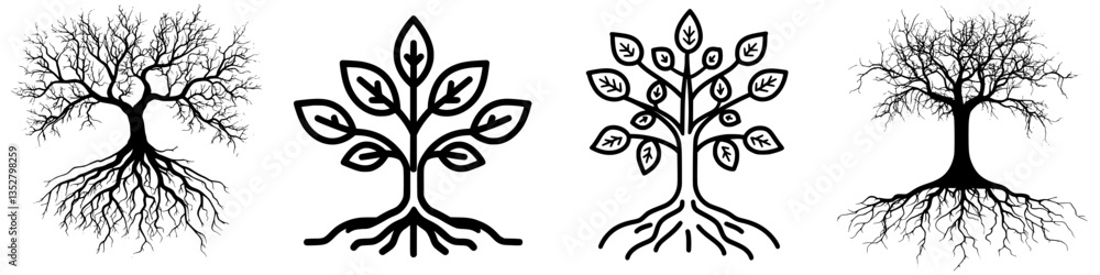 Poster unique collection of stylized tree designs showcasing various shapes and roots for nature-inspired a