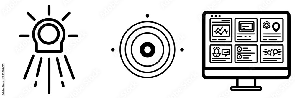Poster creative icons representing technology, communication, and data on a visual display in a modern envi