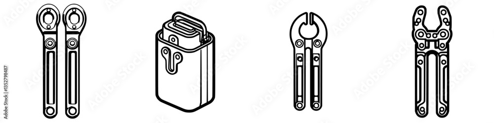 Poster multi-tool collection displayed featuring pliers and various attachments on a plain background