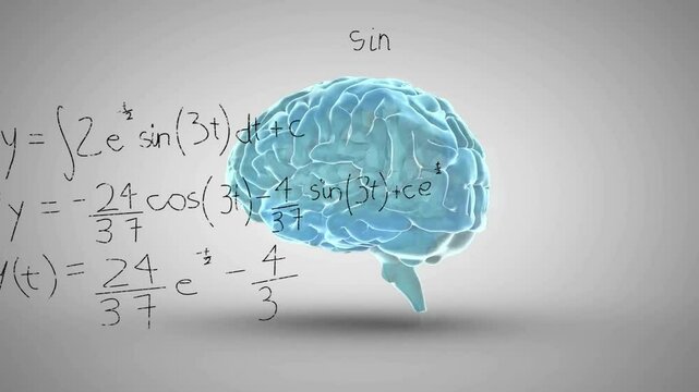 In school, animation of blue brain with mathematical equations floating around