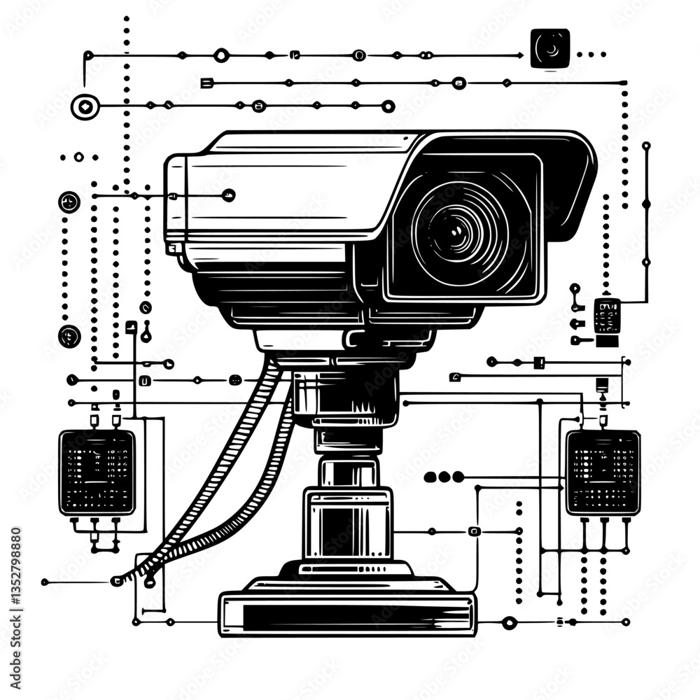 Poster surveillance camera illustration with digital circuit elements representing modern security systems