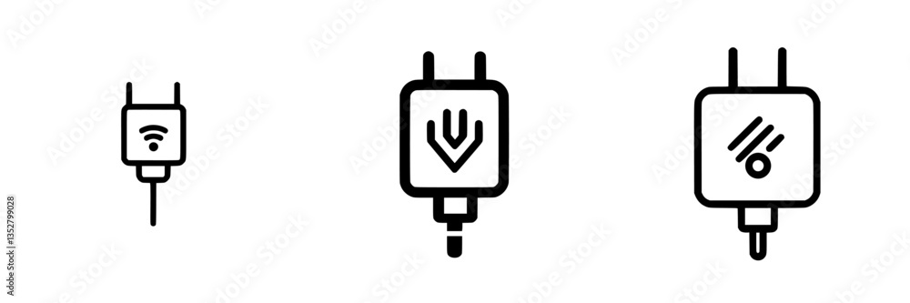 Poster symbols representing wireless connectivity, power, and data transfer displayed on a minimalistic bac