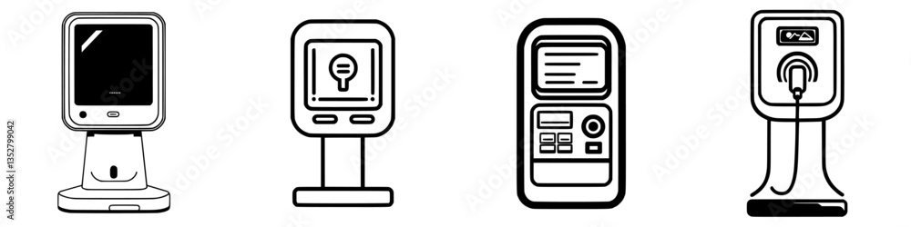 Poster various kiosks displayed in a minimalist design showcasing interactive technology and user interface