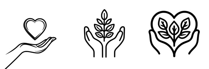 Naklejka premium Heart symbols representing care for nature and the environment with hands in a minimalist design