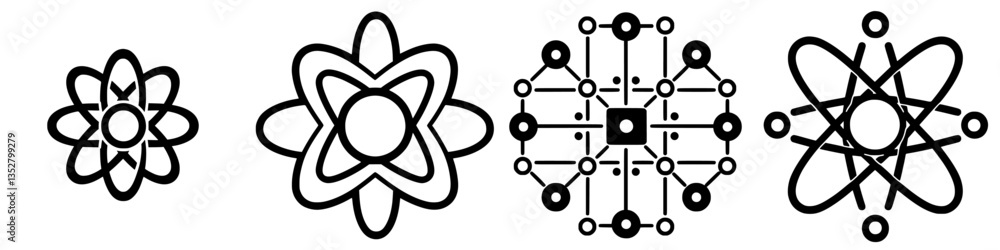 Poster exploring different atomic structures and scientific concepts in a minimalist graphic design