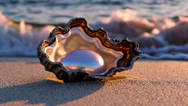 Open oyster shell with pearl on sandy beach at sunset, natural beauty concept