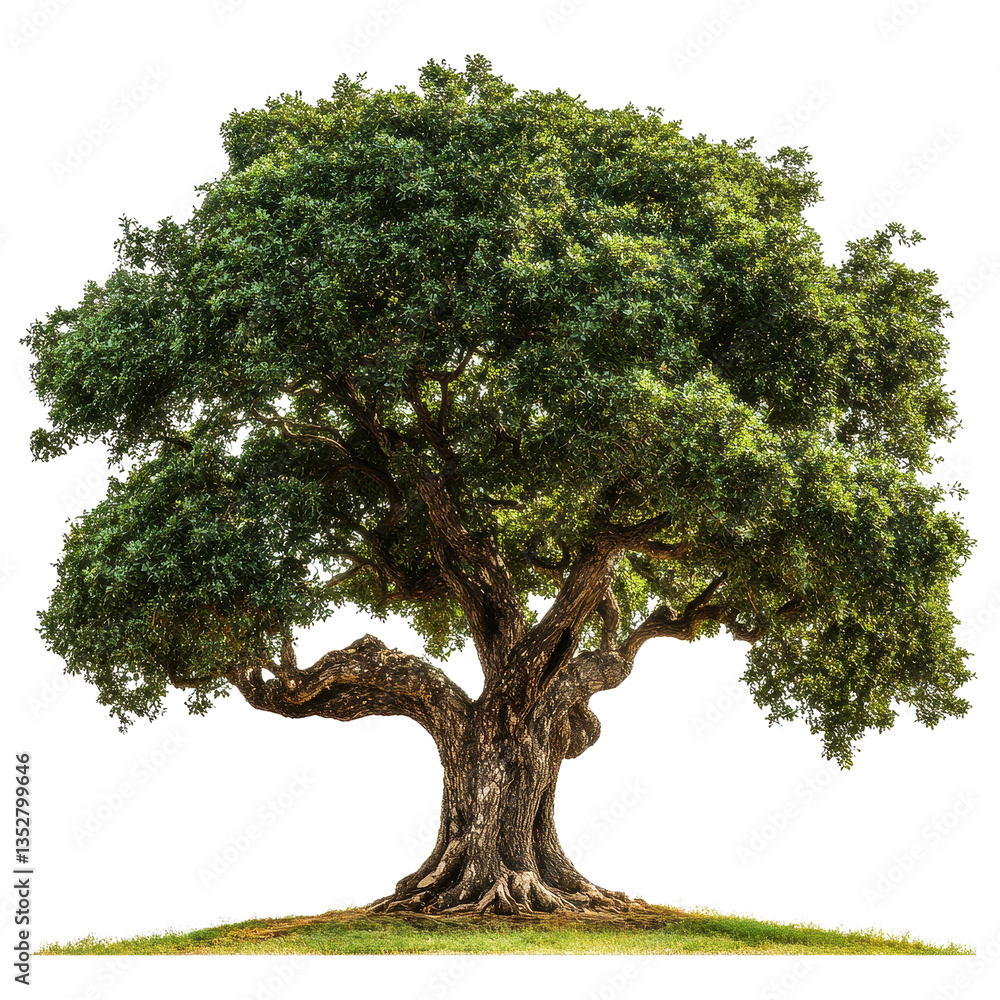 Poster majestic tree with a large trunk standing alone in a lush green field under clear sky, tree with a l
