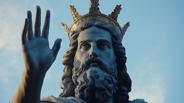 A stone statue of a king wearing a gold crown - Powered by Adobe