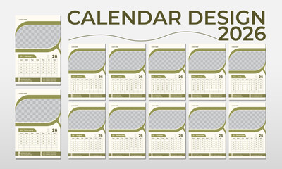 2026 wall calendar design, 12 page calendar design template, Vector. Creative minimal business monthly. Desk, wall calendar for print, digital calendar or planner. Week start on Sunday. 