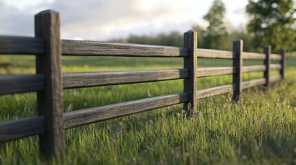 Pastoral Scene with Wooden Fence in a Lush Green Field at Sunset