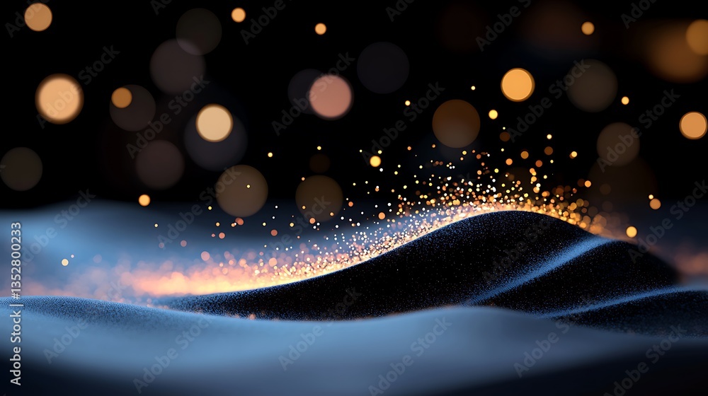 Poster golden bokeh lights and shimmering particles on dark background