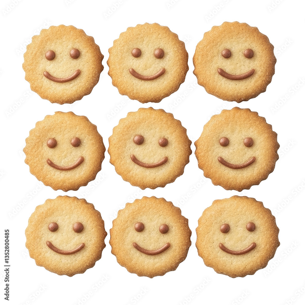 Poster smiley cookies arranged in a neat grid isolated on a transparent background for a cheerful dessert d