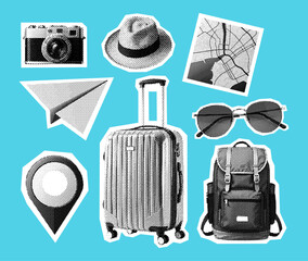 travel objects collection, retro halftone effect set, camera, luggage, hat, map, sunglasses, paper plane, location pin