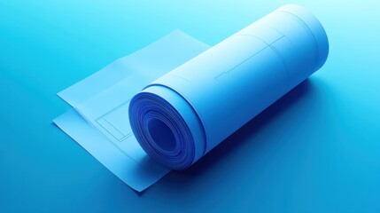 Rolled Blueprint on Blue Background Architectural Design Engineering Plans Technical Drawing