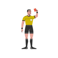A soccer referee in a yellow jersey and black shorts holds up a red card, indicating a penalty.