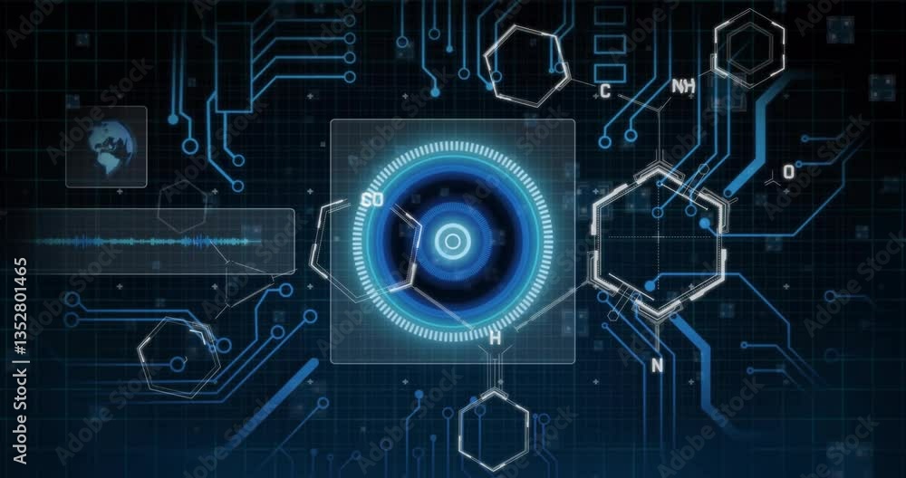 Poster chemical structures and circuit patterns in futuristic digital animation interface
