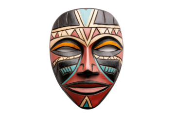 Colorful african tribal mask with geometric patterns and engraved details, cut out