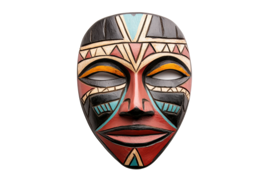 Colorful african tribal mask with geometric patterns and engraved details, cut out