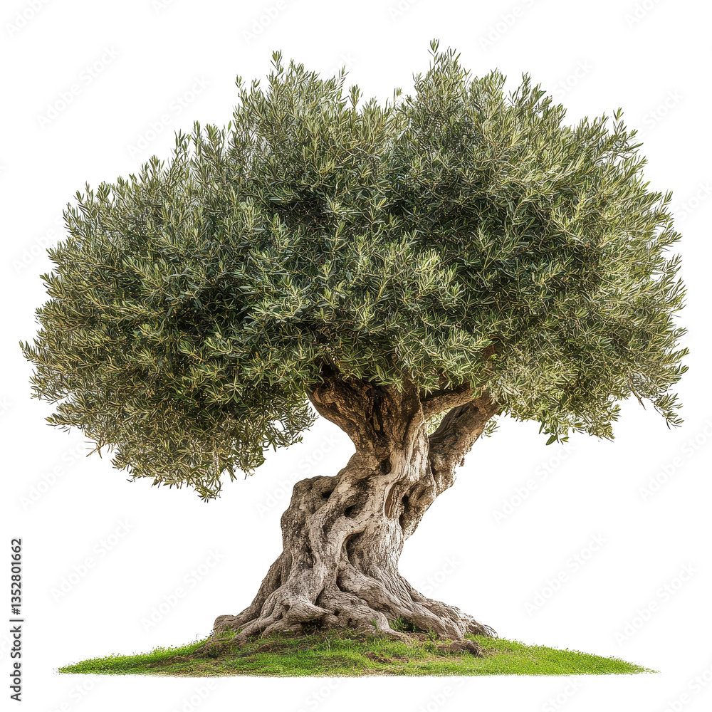 Poster olive tree with twisted trunk and lush foliage isolated on transparent background, olive tree isolat
