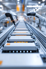 White robot arms on an automated EV battery components production line. Electric car battery pack manufacturing process on a conveyor belt in a modern factory