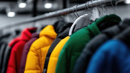Colorful puffer jackets on hangers
