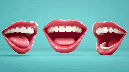Fototapeta premium Three Open Mouths Smiling with White Teeth on Blue Background