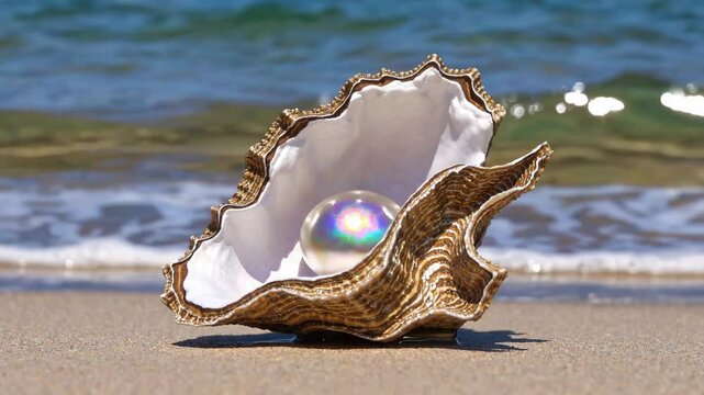 Open seashell with pearl on sandy beach against ocean waves, coastal beauty concept