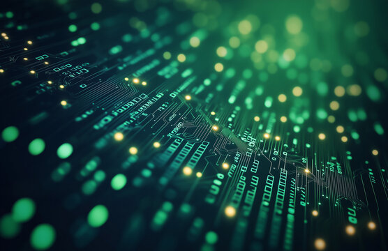 3d rendering of green digital technology background with circuit board and binary code in dark room for online connection concept. Abstract futuristic design with light bokeh effect, space for text 