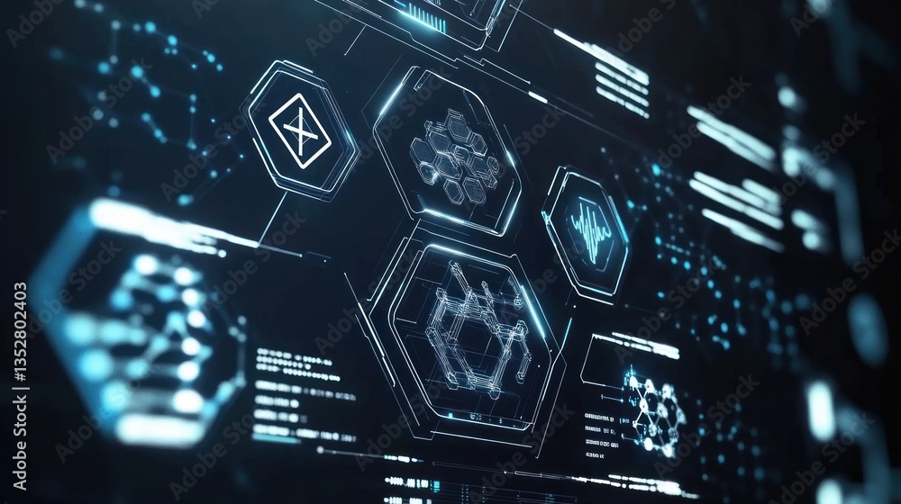 Wall mural futuristic technology interface with various data visualizations