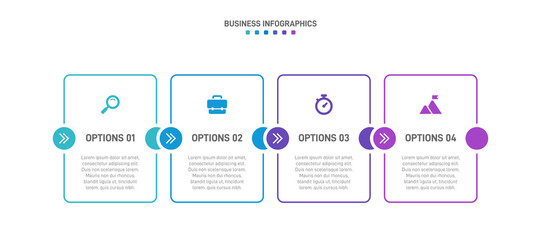 Horizontal progress bar featuring 4 arrow-shaped elements, symbolizing the four stages of business strategy and progression. Clean timeline infographic design template. Vector for presentation