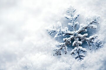 A single perfect snowflake resting gently in fresh white snow