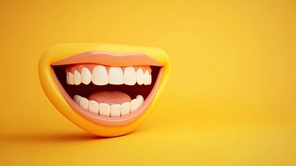 Fototapeta premium Laughing Mouth with Perfect Teeth Showing Tongue on Yellow Background