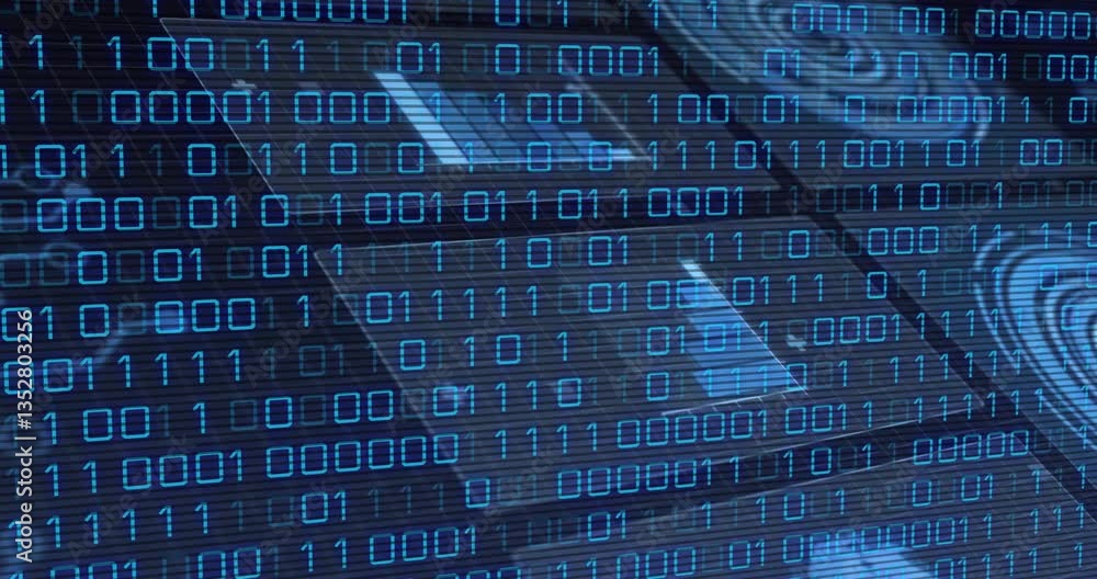 Poster overlaying animation of binary code on abstract blue technological background