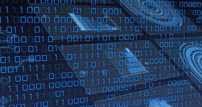 Overlaying animation of binary code on abstract blue technological background
