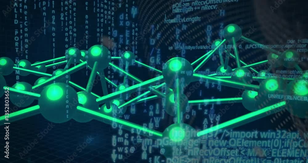 Poster animation of glowing green network connections over digital binary code background