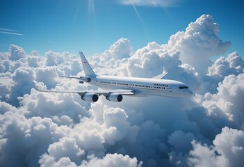 Obraz premium A white airplane flying in the sky surrounded by fluffy white clouds