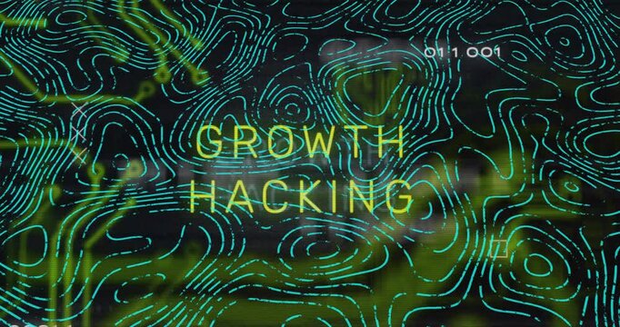 Growth hacking text over abstract digital patterns and binary code animation
