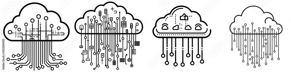 Poster various cloud computing concepts represented through abstract art showcasing digital connections and