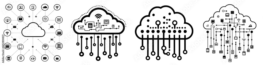 Poster cloud computing and data management concepts illustrated with interconnected graphics in a digital t