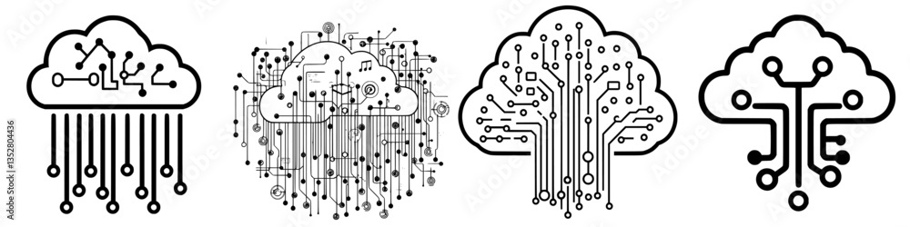 Poster digital cloud icons representing technology and data connectivity in a minimalist design